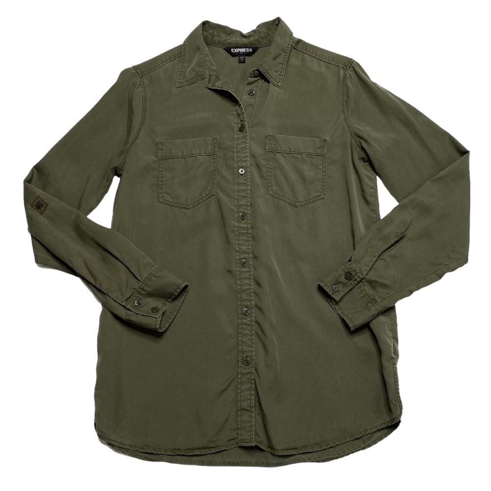 Express Lyocell Convertible Roll-Tab Sleeve Button Down Blouse Green Sz S
